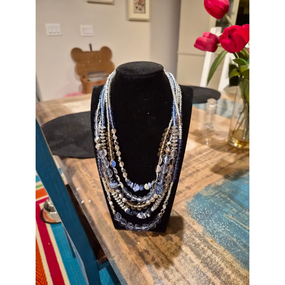 Multi Strand Statement Necklace Blue Stone Silver‎ Tone Beads Crown Charm